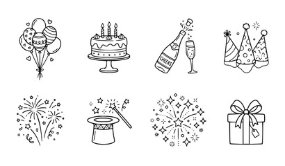 Stylish party outline icon set with balloons cake fireworks champagne and magic hat vector collection © MdSakib
