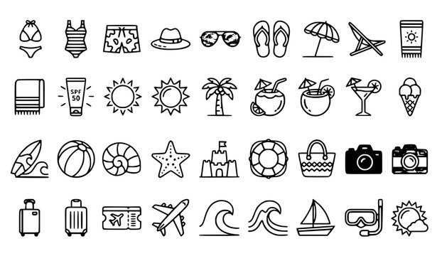 Summer Beach Bold Icon Set Bikini Swimsuit Sun Hat Sunglasses Vacation Vector Collection