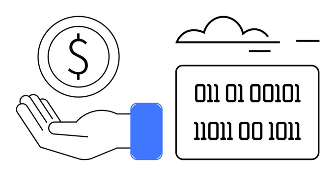 Financial technology, digital payment, cloud services, data processing, coding, cybersecurity. Hand holding a dollar coin next to binary code under a cloud icon. Digital payment and cloud services