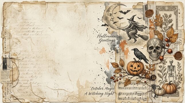 Halloween greeting card with vintage scrapbook collage. Witch on broomstick, smiling moon, raven, pumpkin, and skull illustration. October magic background for autumn holiday invitation.