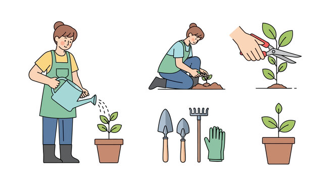 People gardening with green tools.
