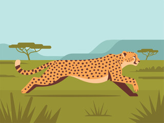 Flat vector illustration of a fast cheetah running through the African savanna with acacia trees and a blue sky background for wildlife and nature concepts. © md siam ali 