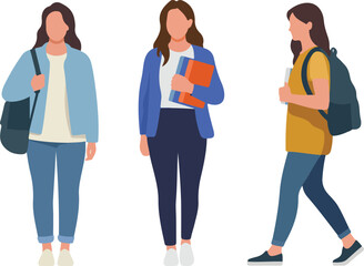 Fototapeta premium Flat vector illustration set of young female college students with backpacks and books, dressed in casual clothing for education and university concepts.