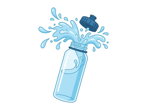 Illustration of a plastic water bottle with water splashing out and cap open.