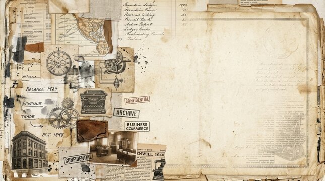 Vintage collage with old documents, maps, typewriter, clock and gear elements. Historical business accounting and financial archive background. Antique retro paper texture for scrapbooking.