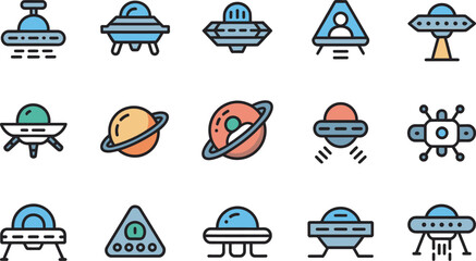 Colorful UFO Icon Set with Alien Ships and Spacecraft Vector Collection © DRISTY