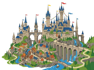 Obraz premium Grand Medieval Fantasy Castle and Village Illustration.