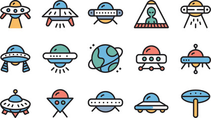 Playful Alien Spaceship Icons Bundle Colorful UFO Illustration Set © DRISTY
