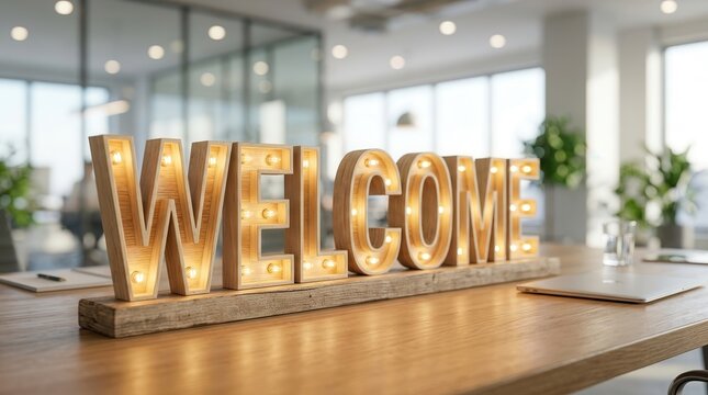 Warm welcome sign sitting on a wooden desk in a bright, contemporary workspace setting.