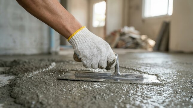 Construction worker using a trowel to smooth fresh cement on a concrete slab.