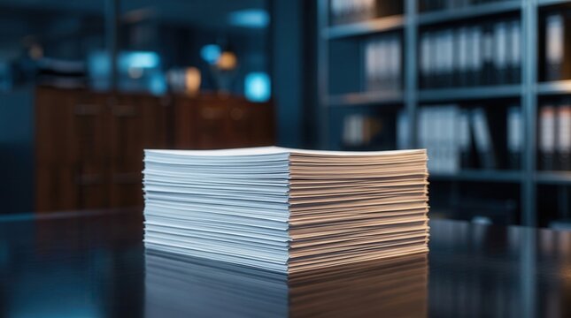 Content strategy and record retention symbolized by piles of documents in a professional office.
