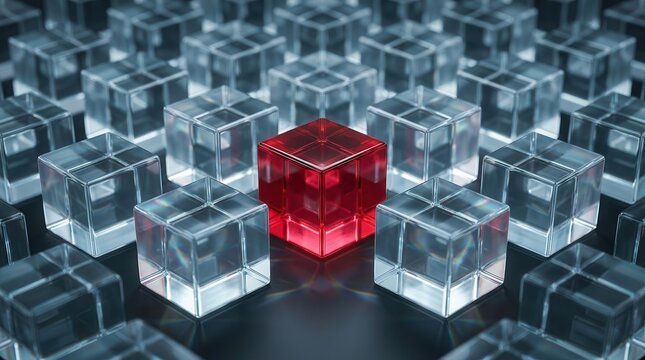 Concept of anomaly detection with one red cube amidst a pattern of uniform transparent cubes.