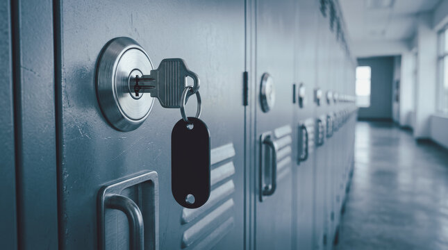 Close up key inserted in locker door with empty tag, representing secure storage, access control, privacy, personal safety and institutional security concept.