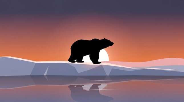 Silhouette of a polar bear on ice at sunset