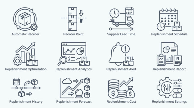 Set of twelve inventory replenishment management and logistics line icons.