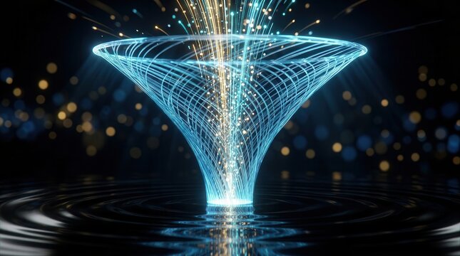 A digital data funnel with streaming particles symbolizing conversion optimization and insights.