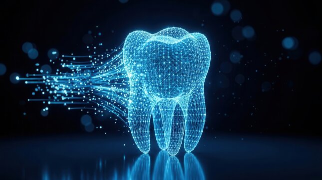 Technological dental concept featuring a glowing tooth with particles for oral surgery and dentistry.