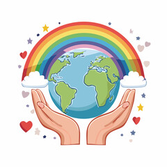 Obraz premium Hands Holding Earth Under Rainbow and Stars