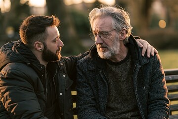 Fototapeta premium Father and Adult Son Sharing Supportive Conversation on Park Bench at Sunset