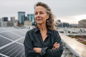 Fototapeta premium Female Renewable Energy Leader Standing on Rooftop Solar Installation