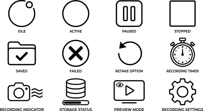 Set of UI icons for video recording interface.
