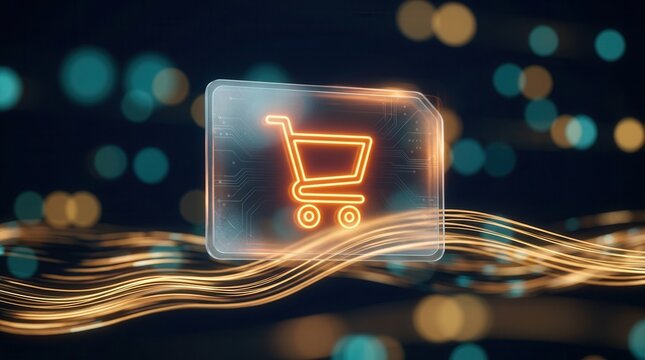 Customer behavior analytics concept featuring a shopping cart icon with vibrant glowing data streams.