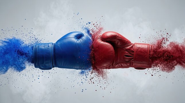 Conceptual boxing gloves clash with colorful powder explosions and space for text.