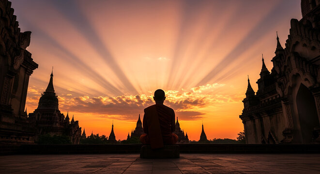 Silhouette of a Buddhist monk meditating at sunrise amidst ancient pagodas in Bagan Myanmar
