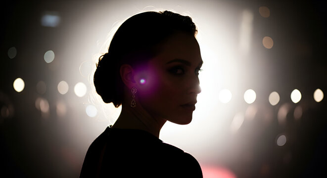 Silhouette of a glamorous woman with elegant earrings against a softly lit bokeh background
