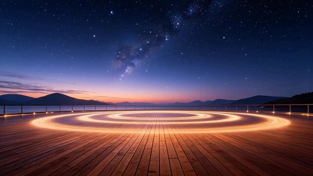 Night landscape with starry sky and milky way over mountain lake and wooden platform