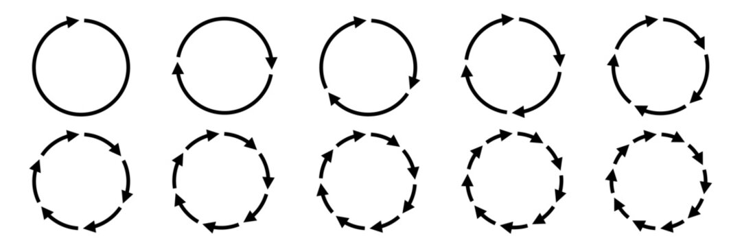 Set of circle arrows isolated on white background. Rotate and spinning symbol. Circular rotation loading element, redo process. Circle arrow 1, 2, 3, 4, 5, 6, 7, 8, 9, 10 icon set vector illustration.