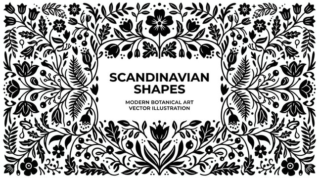 Intricate black-and-white Scandinavian botanical pattern with symmetrical floral silhouettes for modern decor, textiles, wallpaper, and graphic design projects