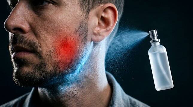 Male jaw pain and facial inflammation relief with cooling spray, TMJ and nerve pain concept