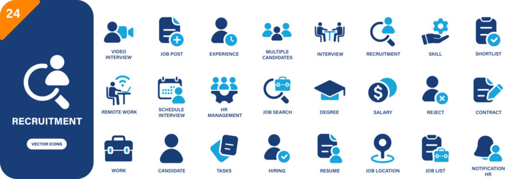 Recruitment icon collection featuring job search, hr management, hiring, interview and skill symbols. Solid vector icons.