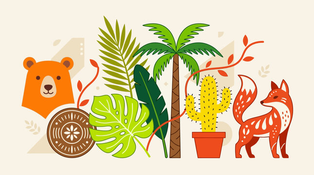 Colorful jungle illustration featuring a friendly orange bear, tropical plants, palm trees, a potted cactus, and a playful red animal character.
