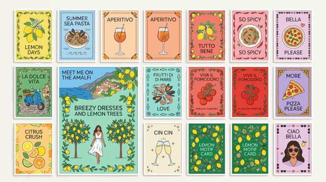 Collection of colorful vintage seed packet illustrations featuring flowers, herbs, and vegetables in retro labels