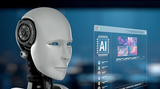 A humanoid robot engages with a sleek digital interface featuring striking AI-generated visuals. The blue background enhances the futuristic atmosphere, showcasing technology and creativity. Synapse