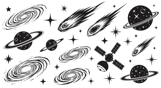 Vast Collection of Space and Astronomy Icons Featuring Multiple Galaxies, Planets, Comets, Stars, and a Satellite, Isolated White Background