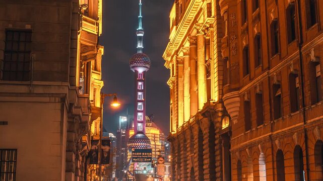 Shanghai Night Street with Oriental Pearl Tower