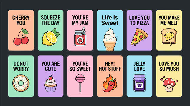 Pastel grid of cute dessert and fruit icons with uplifting pun captions for gifts, greeting cards, posters, stickers, and social media.