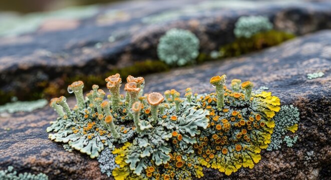 Colorful Lichen and Fungi on Rock Surface.