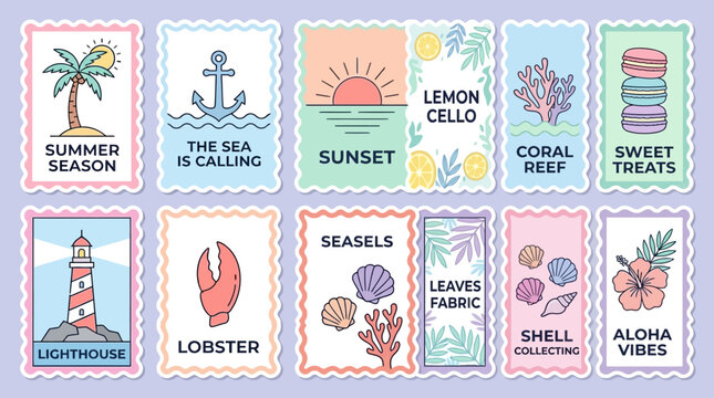 Nautical postcard stamp set featuring seaside icons like lighthouse, lobster, seashells, sunset, and palm trees for a tropical travel vibe
