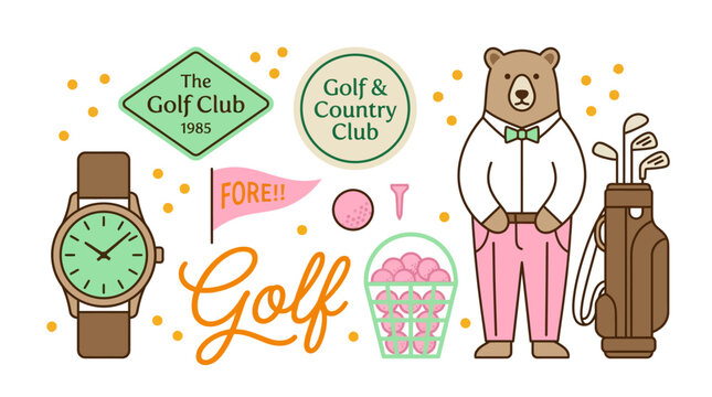 Whimsical golf-themed illustration featuring a bear mascot with golf clubs, a clock, promotional logos, and course elements for branding, marketing, and lifestyle campaigns.