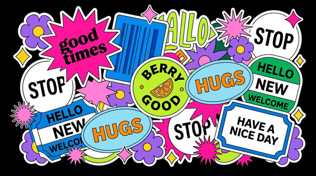 Colorful sticker collage of playful cartoon badges and speech bubbles with hello, welcome, hugs, and beary good in a cheerful design.