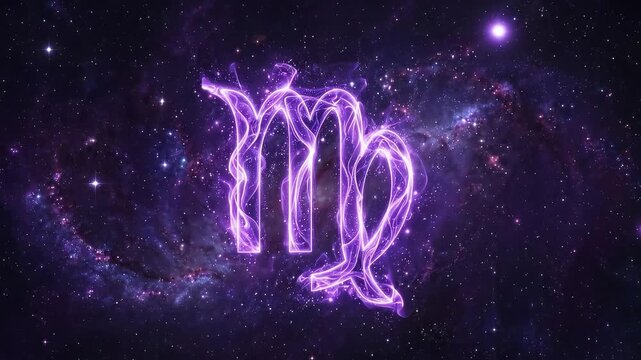 Stunning animated Virgo zodiac sign glowing in space with stars.