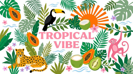 Fototapeta premium Tropical Vibe: A vibrant jungle collage with toucan, jaguar, flamingo, monkey, lush palm leaves and tropical fruits
