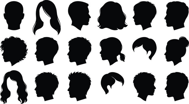 Collection of black head silhouettes showing diverse male and female profiles with distinct hairstyles and haircuts isolated on plain white background for graphic design.