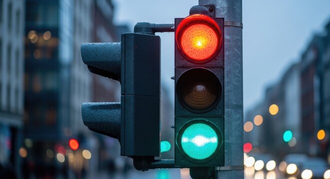 Traffic Light Signals Red, Yellow, and Green in Urban Cityscape.