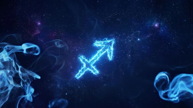Stunning Neon Sagittarius Zodiac Sign with Glowing Energy and Smoke.