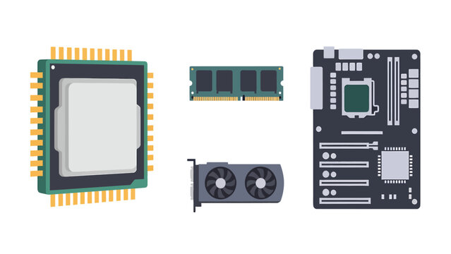 Computer Hardware Components Set. Flat vector illustration of CPU, RAM, GPU, Motherboard for PC technology and assembly.